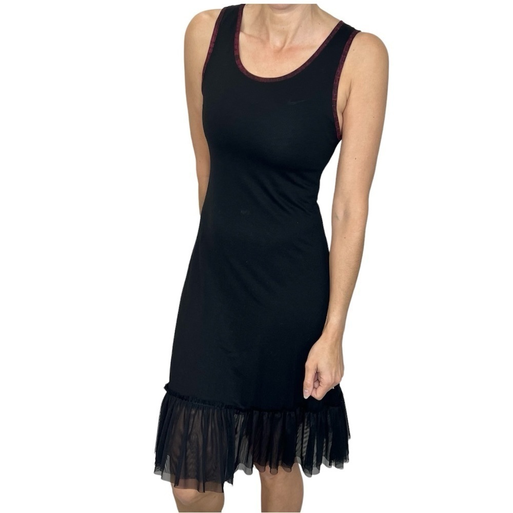 Sun Light Paris stretchy black sleeveless jersey knit tulle hem midi dress 1 (S)